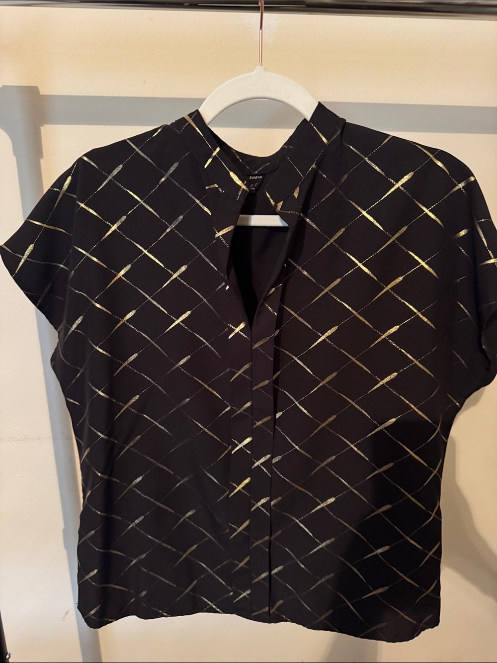 Women’s Black Shirt with Metallic Gold Diamond Pattern